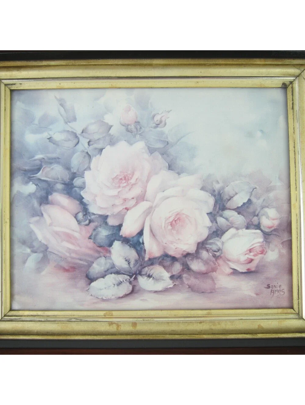 Antique Victorian Deep Picture Frame Wood Gold Gilt Vntg Sonie Ames Roses Print